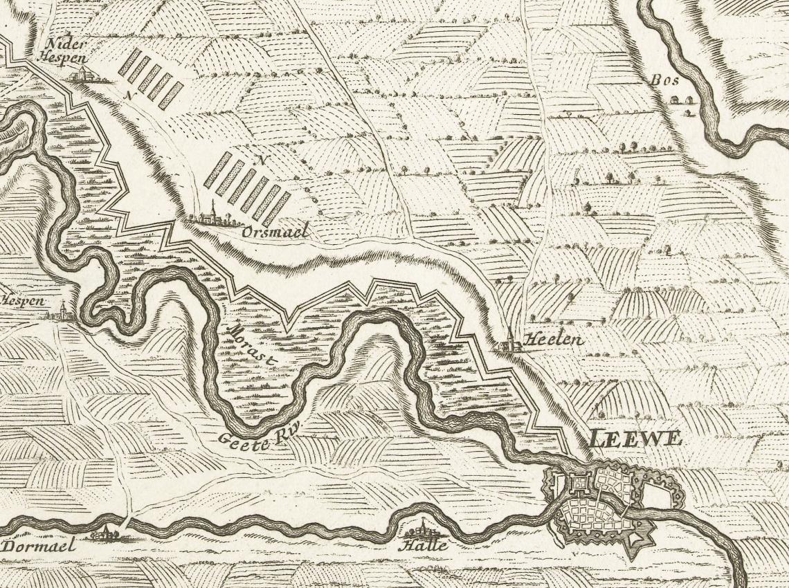 Detail van ets doorbreken van de Franse linies in Brabant, 1705